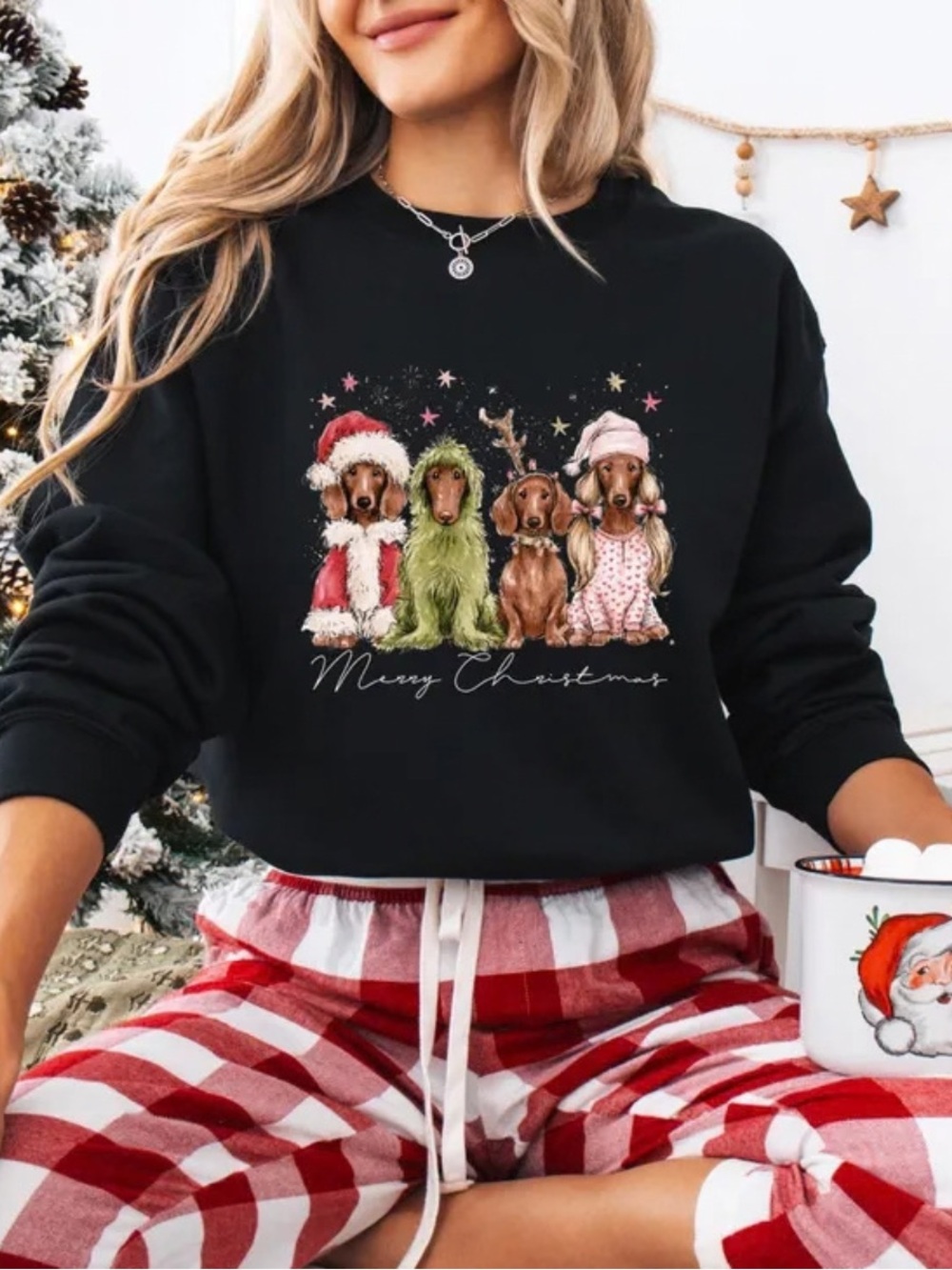 Gildan Black Christmas Holiday Sweatshirt with Festive Cute Dachshund Graphic